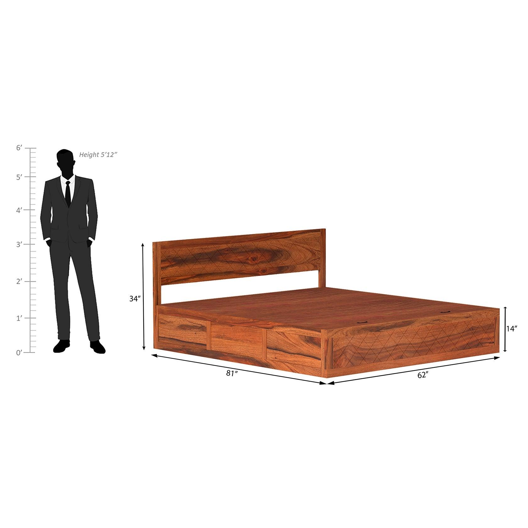 Lofted Sheesham Wood Hydraulic Bed with Box Storage in Maharani Color - Ouch Cart 