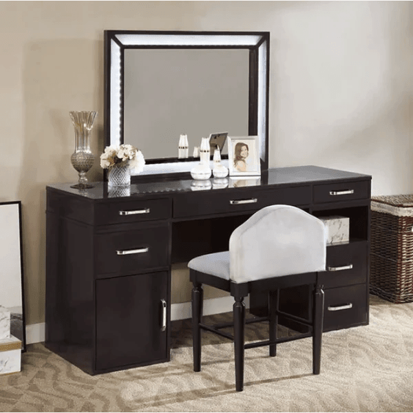 Aidan Vanity dressing table design with mirror with stool, Vanity Desk Set with Mirror and Lights, Dressing Table with 7 Drawers & Stool, Lighting Modes Adjustable Brightness, Suitable for Bedroom/Bathroom - Ouch Cart 