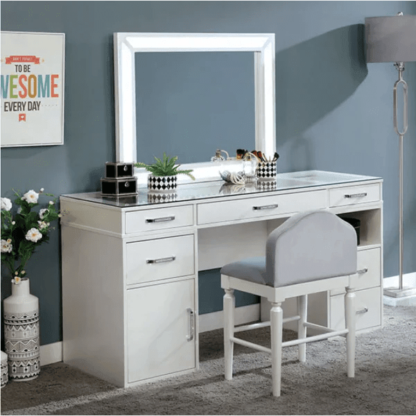 Aidan Vanity dressing table design with mirror with stool, Vanity Desk Set with Mirror and Lights, Dressing Table with 7 Drawers & Stool, Lighting Modes Adjustable Brightness, Suitable for Bedroom/Bathroom - Ouch Cart 