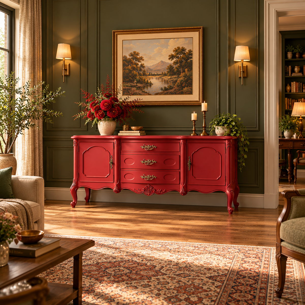Red Vintage Wooden Sideboard Cabinet with 2 Doors & 3 Drawers French Provincial Antique-Style Furniture