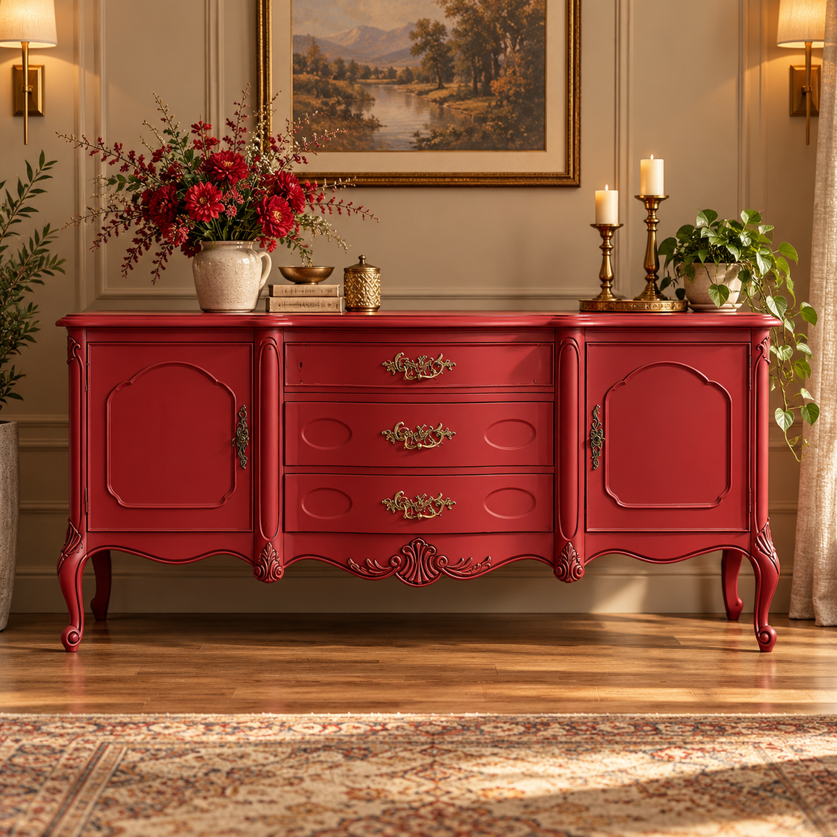Red Vintage Wooden Sideboard Cabinet with 2 Doors & 3 Drawers French Provincial Antique-Style Furniture