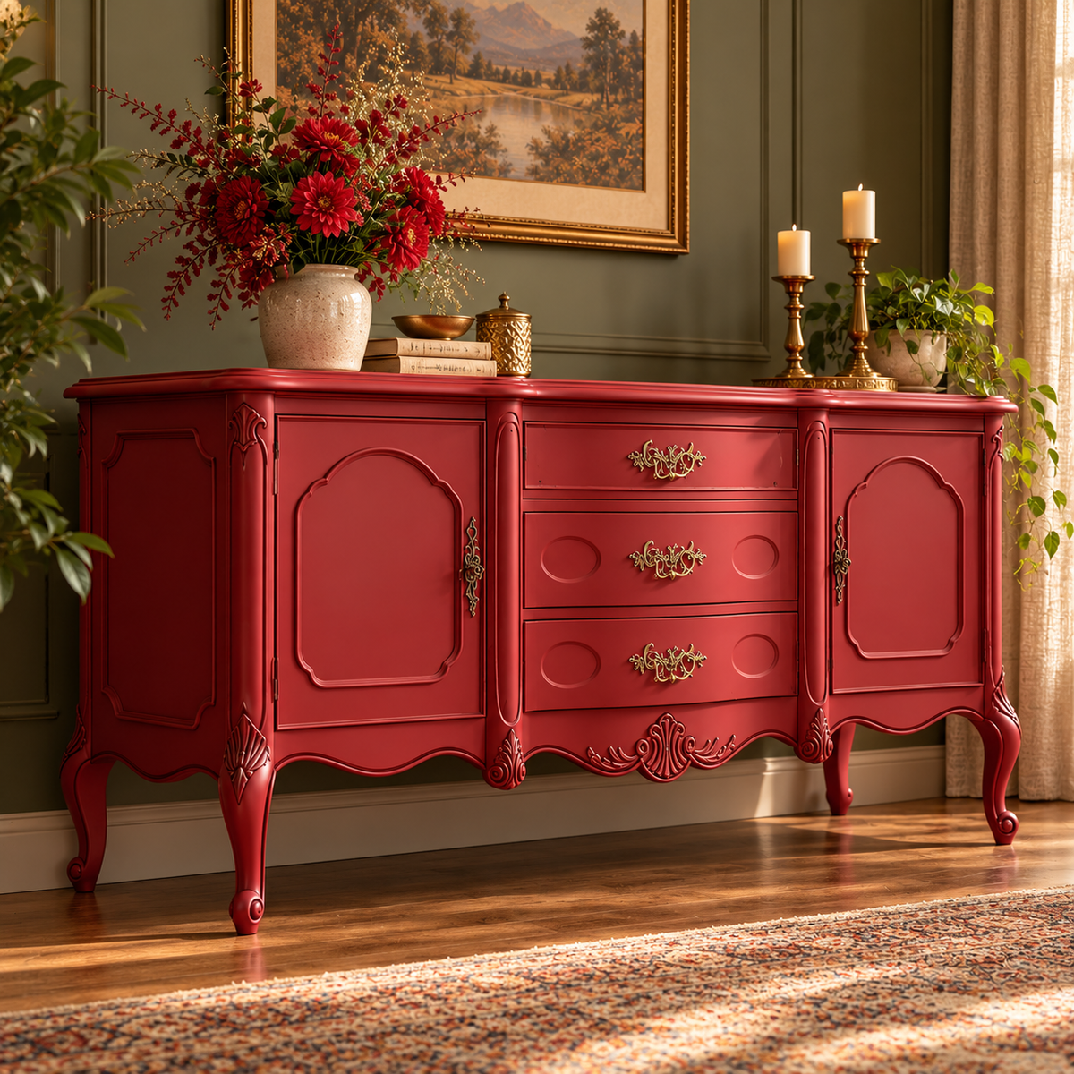 Red Vintage Wooden Sideboard Cabinet with 2 Doors & 3 Drawers French Provincial Antique-Style Furniture