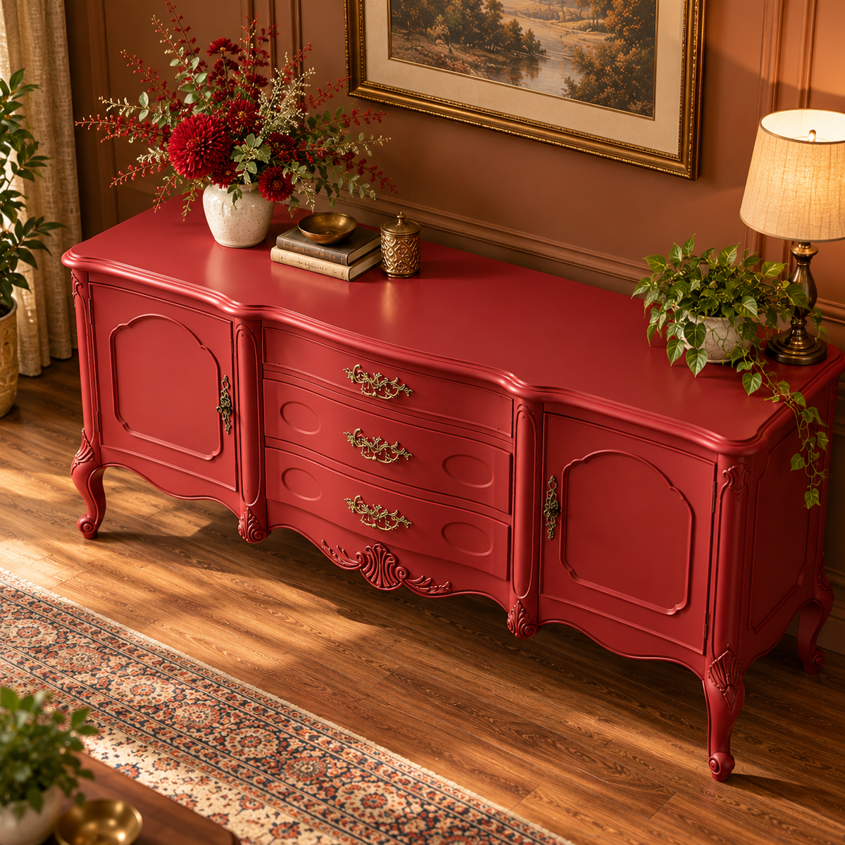 Red Vintage Wooden Sideboard Cabinet with 2 Doors & 3 Drawers French Provincial Antique-Style Furniture