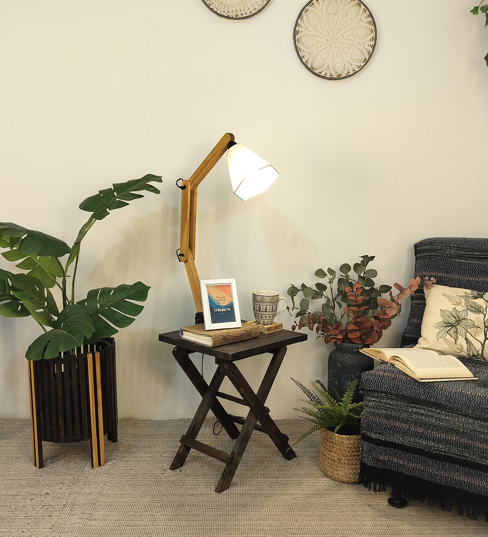 Serge Wooden Floor Lamp with Brown Base and Jute Fabric Lampshade (BULB NOT INCLUDED)