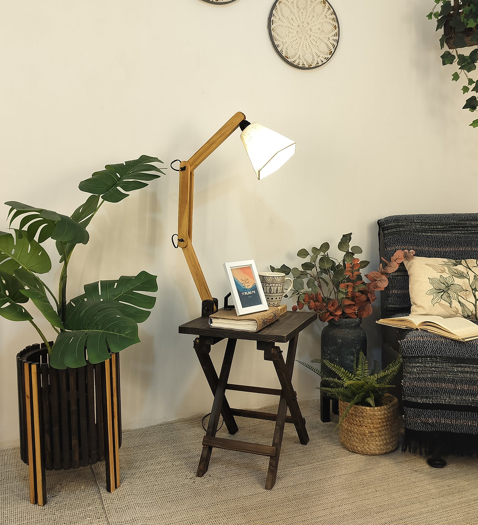 Regis Wooden Floor Lamp with Brown Base and Jute Fabric Lampshade (BULB NOT INCLUDED)