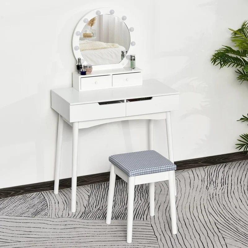 Vanity Makeup Mirror Desk Wooden Vanity Table Makeup Dressing Desk with LED Light Dressing Table with 2 Drawers - Ouch Cart 