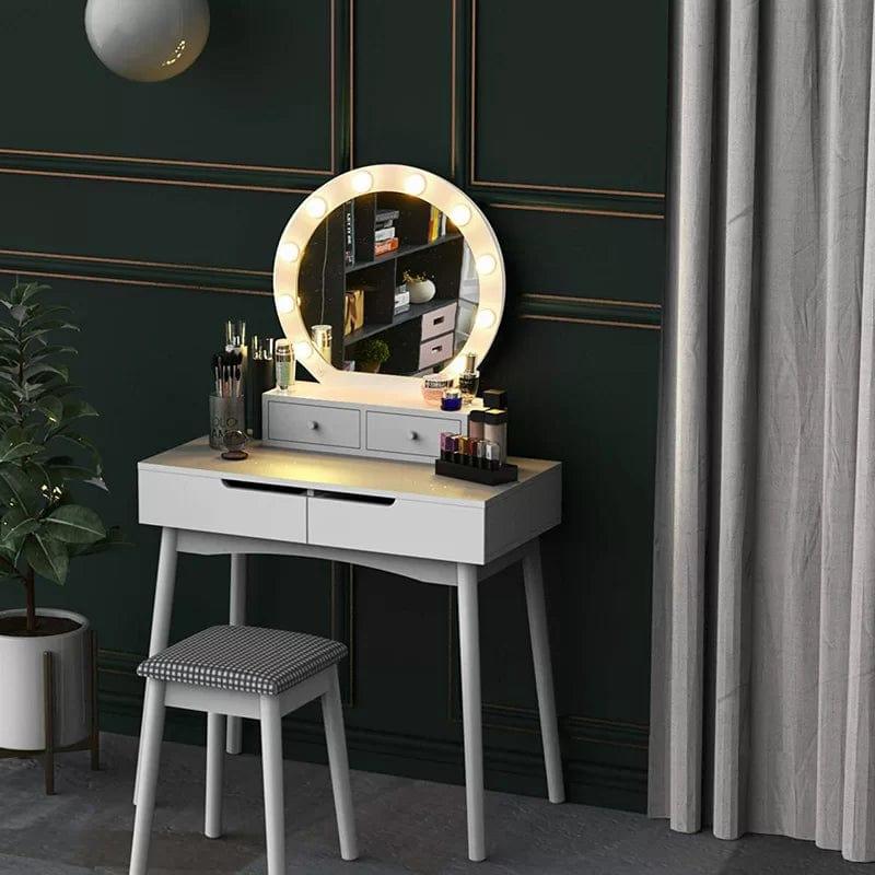 Vanity Makeup Mirror Desk Wooden Vanity Table Makeup Dressing Desk with LED Light Dressing Table with 2 Drawers - Ouch Cart 