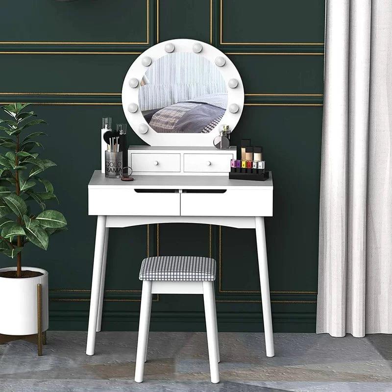 Vanity Makeup Mirror Desk Wooden Vanity Table Makeup Dressing Desk with LED Light Dressing Table with 2 Drawers - Ouch Cart 