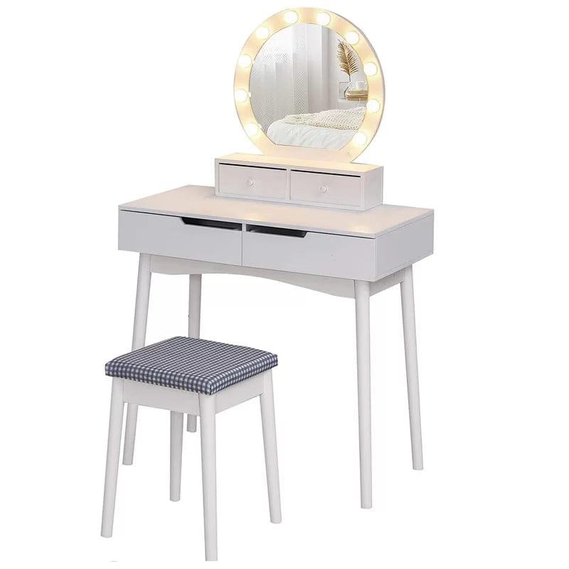 Vanity Makeup Mirror Desk Wooden Vanity Table Makeup Dressing Desk with LED Light Dressing Table with 2 Drawers - Ouch Cart 