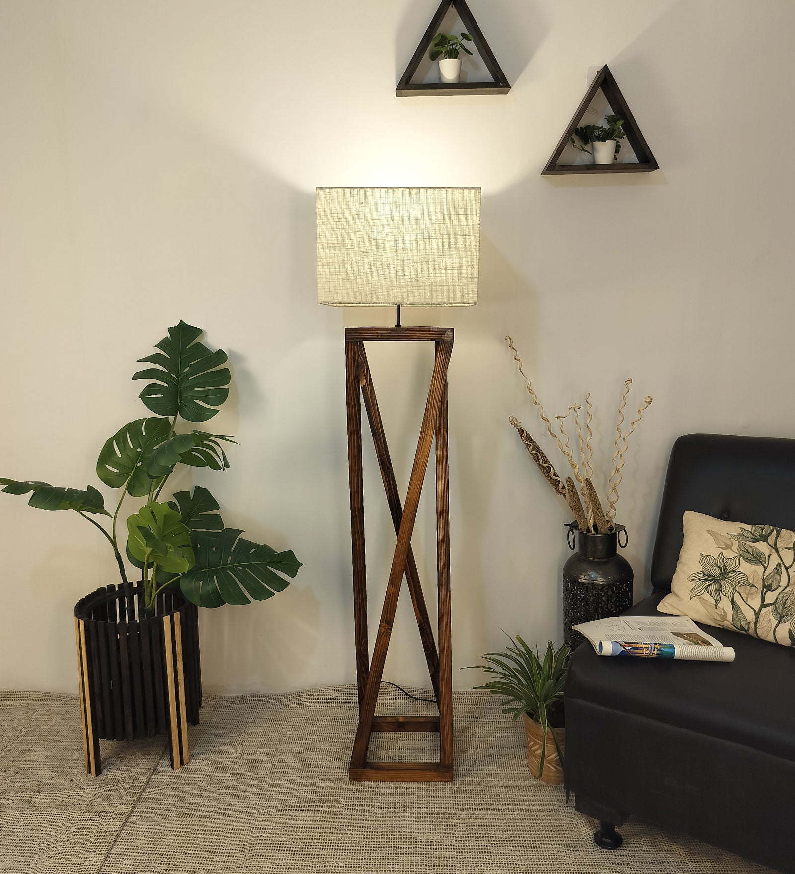 Remy Wooden Floor Lamp with Brown Base and Beige Fabric Lampshade (BULB NOT INCLUDED)