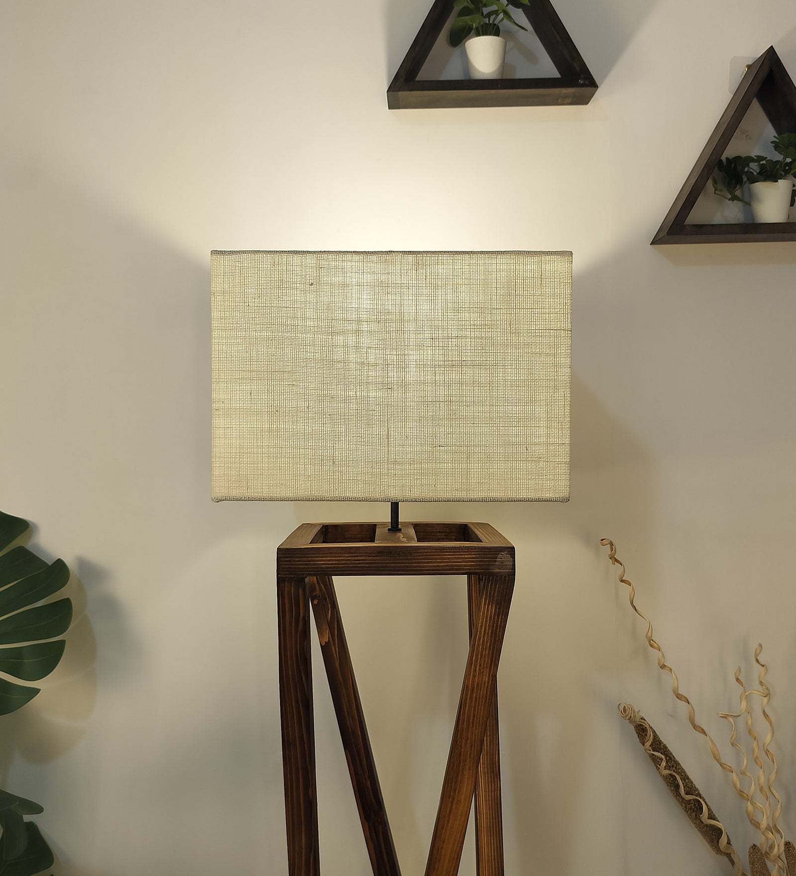 Remy Wooden Floor Lamp with Brown Base and Beige Fabric Lampshade (BULB NOT INCLUDED)