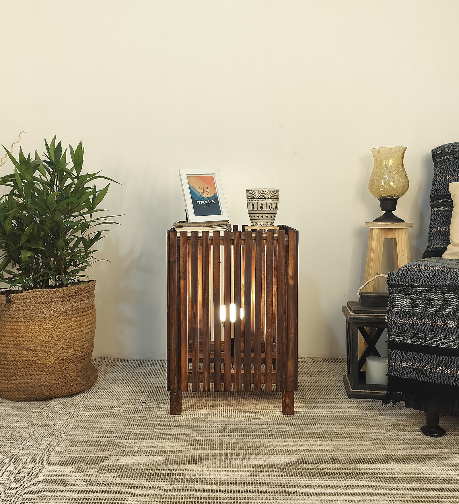 Renard Wooden Floor Lamp with Brown Base and Jute Fabric Lampshade (BULB NOT INCLUDED)