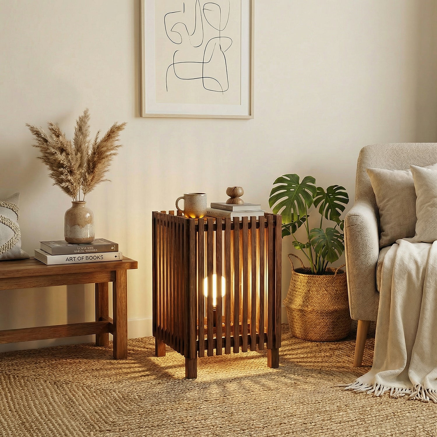 Renard Wooden Floor Lamp with Brown Base and Jute Fabric Lampshade (BULB NOT INCLUDED)