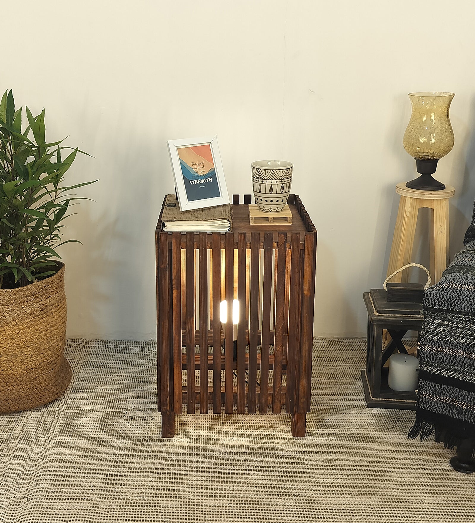 Renard Wooden Floor Lamp with Brown Base and Jute Fabric Lampshade (BULB NOT INCLUDED)