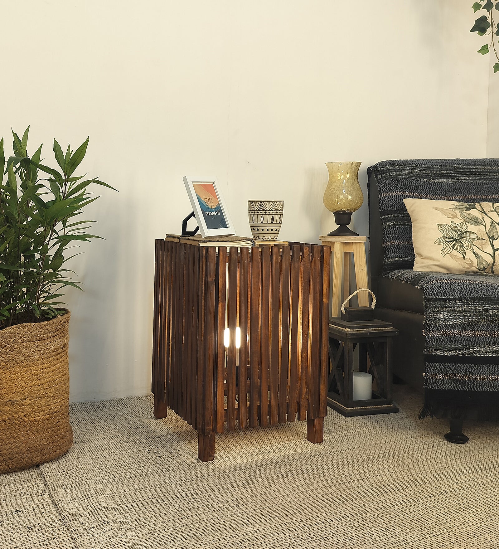 Renard Wooden Floor Lamp with Brown Base and Jute Fabric Lampshade (BULB NOT INCLUDED)