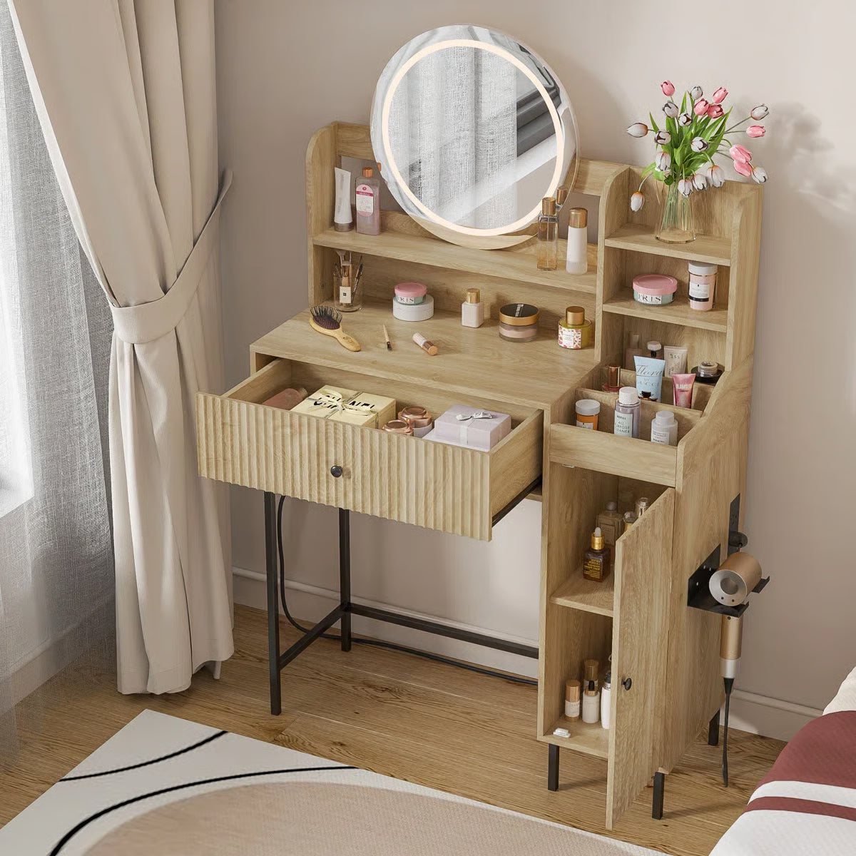Reseta Makeup Vanity Desk with LED Light Mirror, Drawer, USB Power Outlet- OUCH CART |Dressing table 
