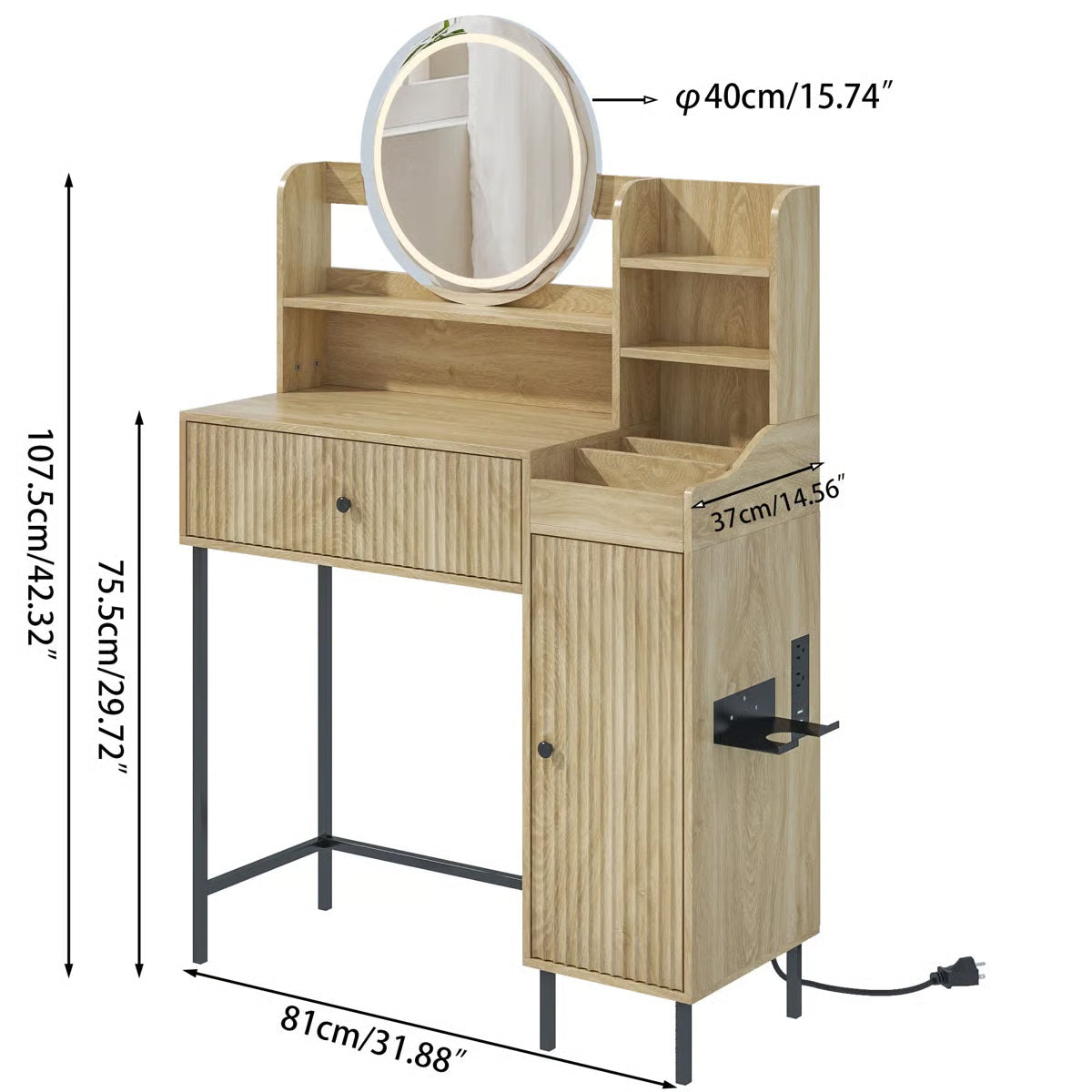 Reseta Makeup Vanity Desk with LED Light Mirror, Drawer, USB Power Outlet