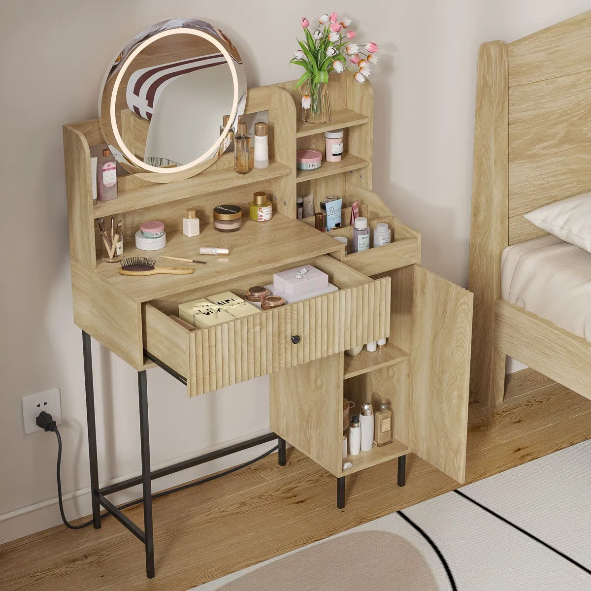 Reseta Makeup Vanity Desk with LED Light Mirror, Drawer, USB Power Outlet