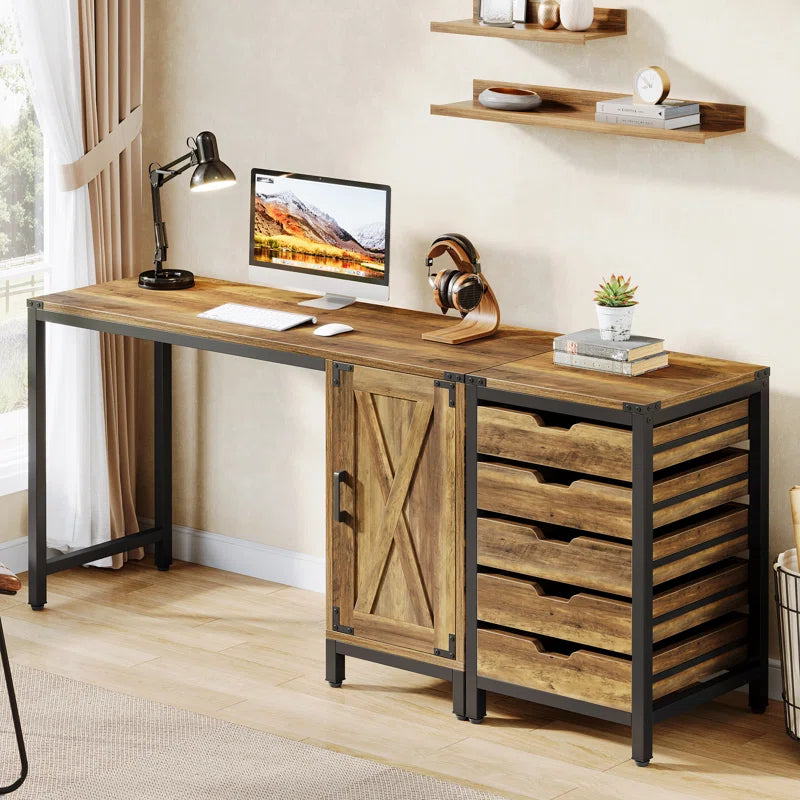 Computer Desk With Cabinet And a 5-Drawer Pedestal