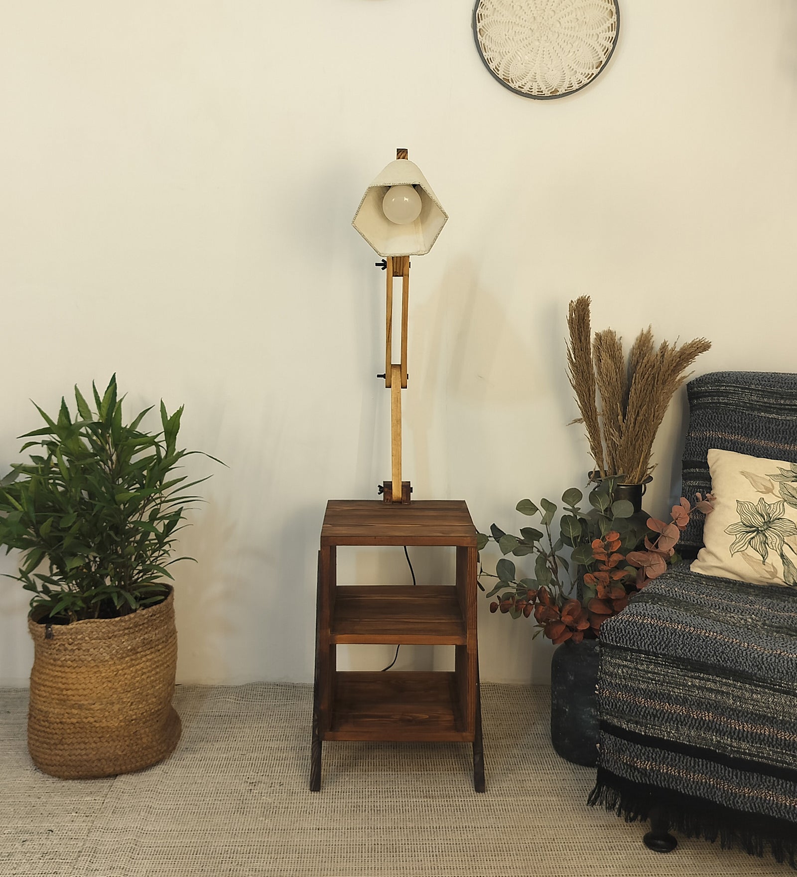 Ronan Wooden Floor Lamp with Brown Base and Jute Fabric Lampshade (BULB NOT INCLUDED)