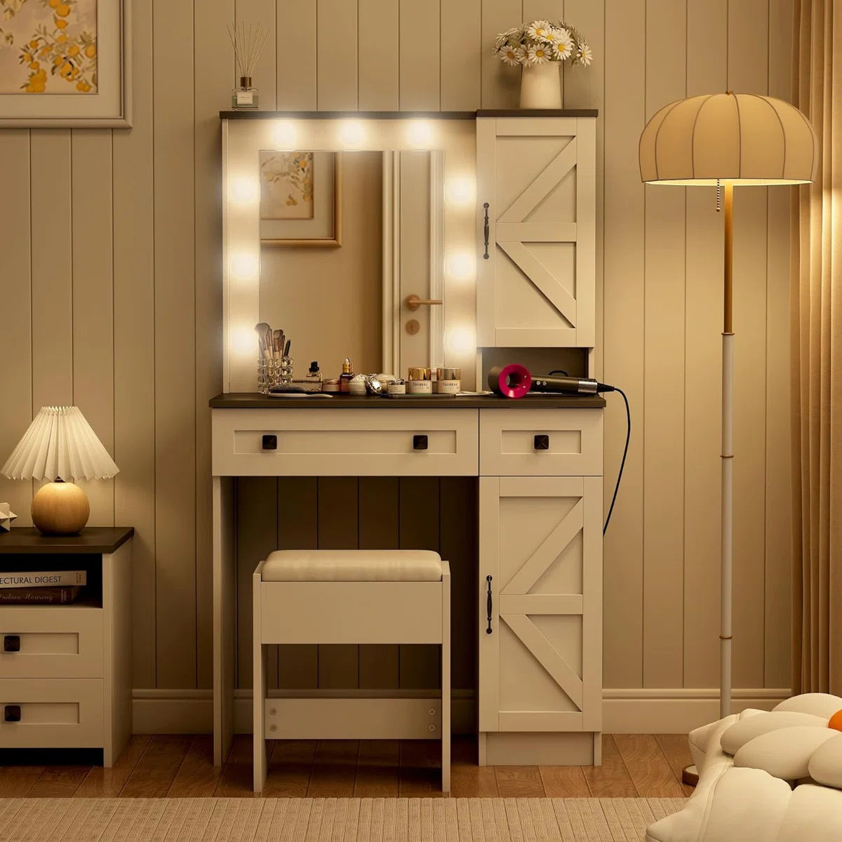 Rontae 31.5" White Makeup Vanity Desk with Drawers and Built-In Power Outlet-OUCH CART |Dressing table