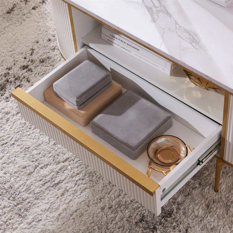 Oval Coffee Table With Storage, Center Table With Open Shelf, Fluted Design