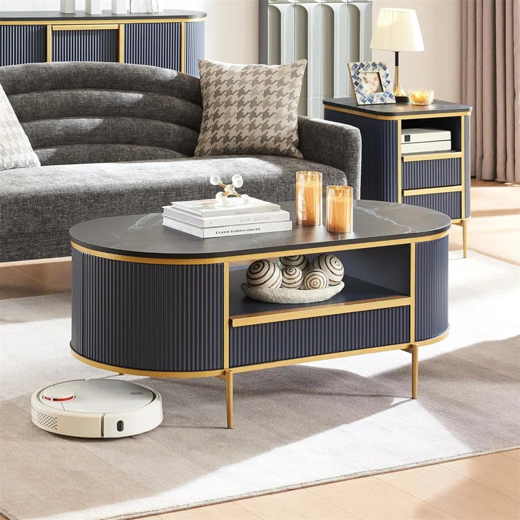 Oval Coffee Table With Storage, Center Table With Open Shelf, Fluted Design