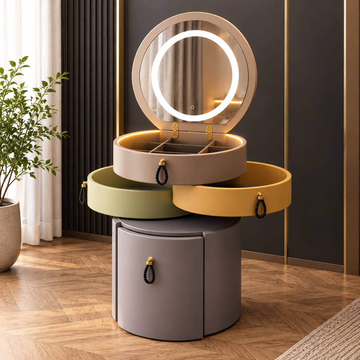 Rotating Makeup Organizer with LED Mirror  Multi-Tier Vanity Storage Cabinet for Makeup, Jewelry & Accessories
