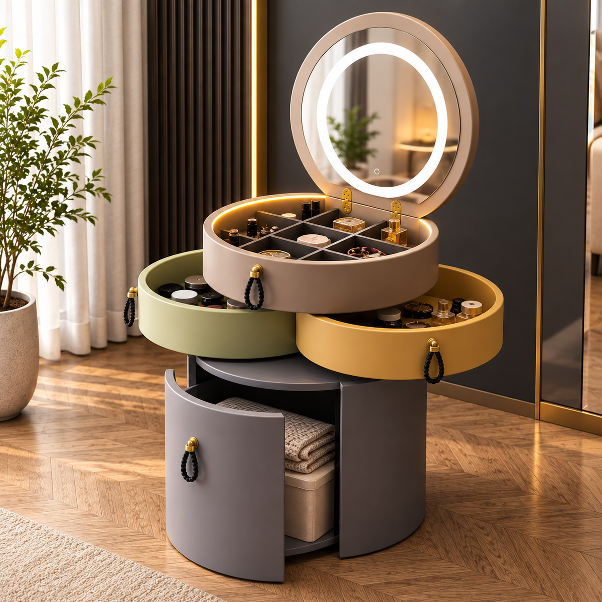 Rotating Makeup Organizer with LED Mirror  Multi-Tier Vanity Storage Cabinet for Makeup, Jewelry & Accessories