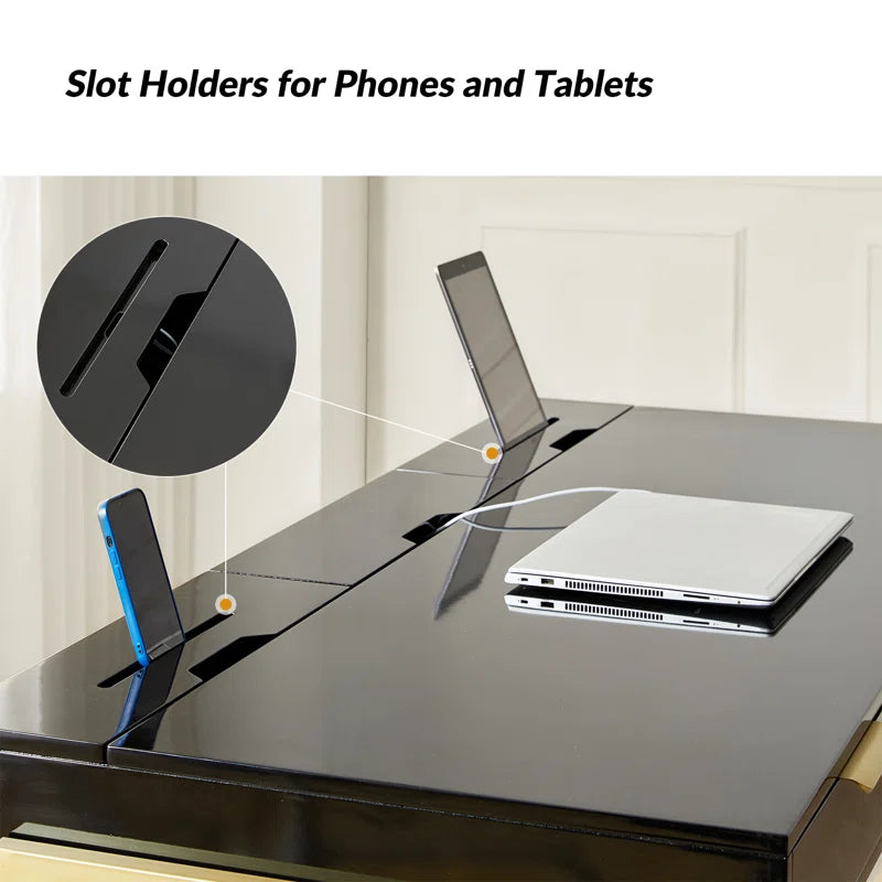 62'' W Rectangle Writing Desk with Built-in Charging Station，Cable Management，Slot Holders