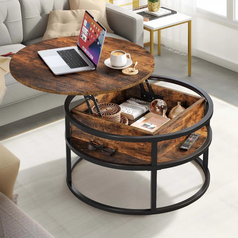 Lift Top Extendable Round Frame Coffee Table with Storage