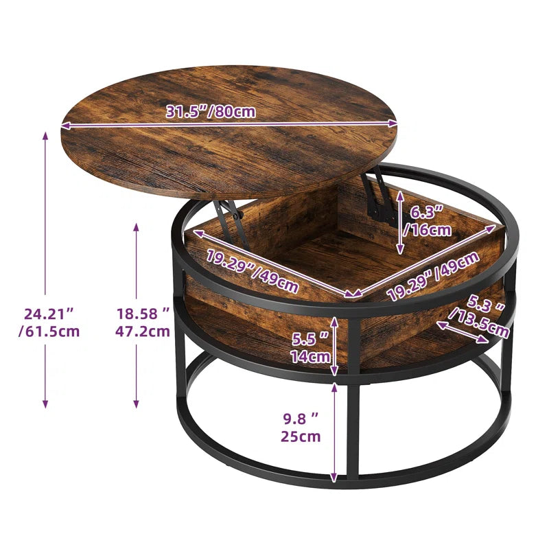 Lift Top Extendable Round Frame Coffee Table with Storage