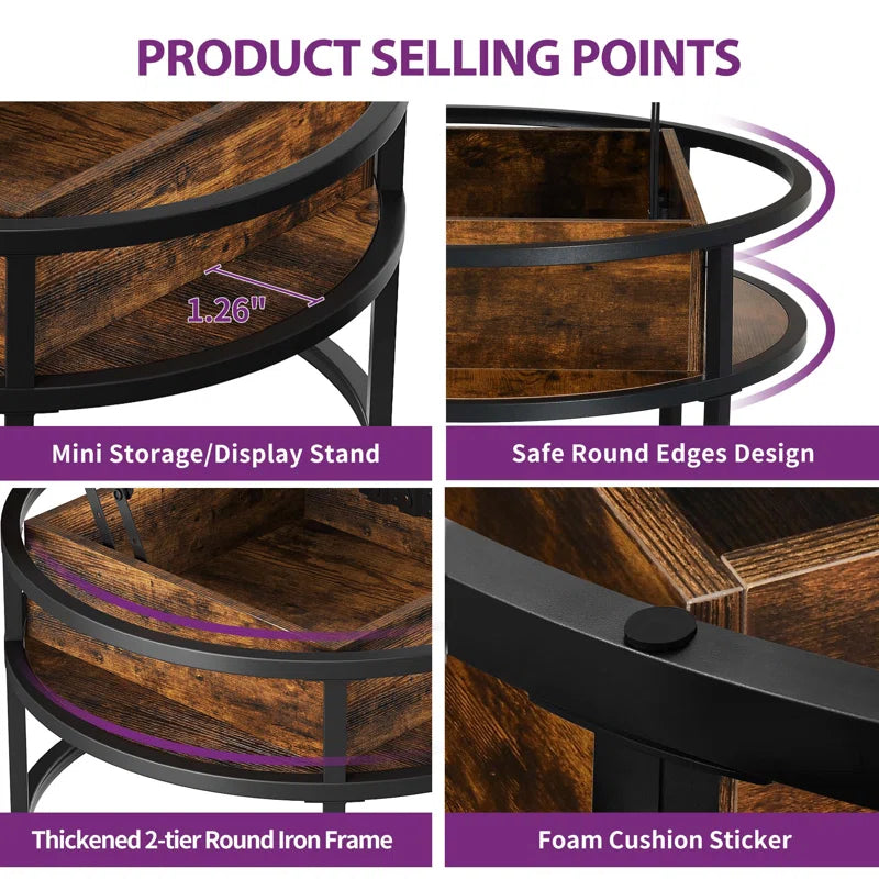 Lift Top Extendable Round Frame Coffee Table with Storage