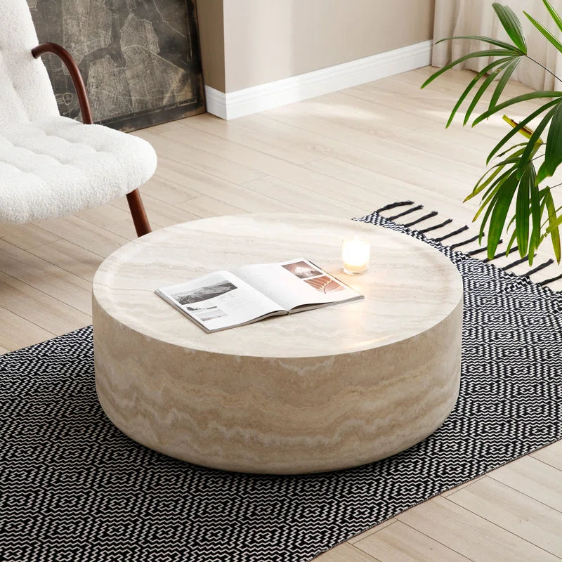 Round Coffee Table for Living Room – Drum Center Table with Laminate sheet Surface, Modern Minimalist Design