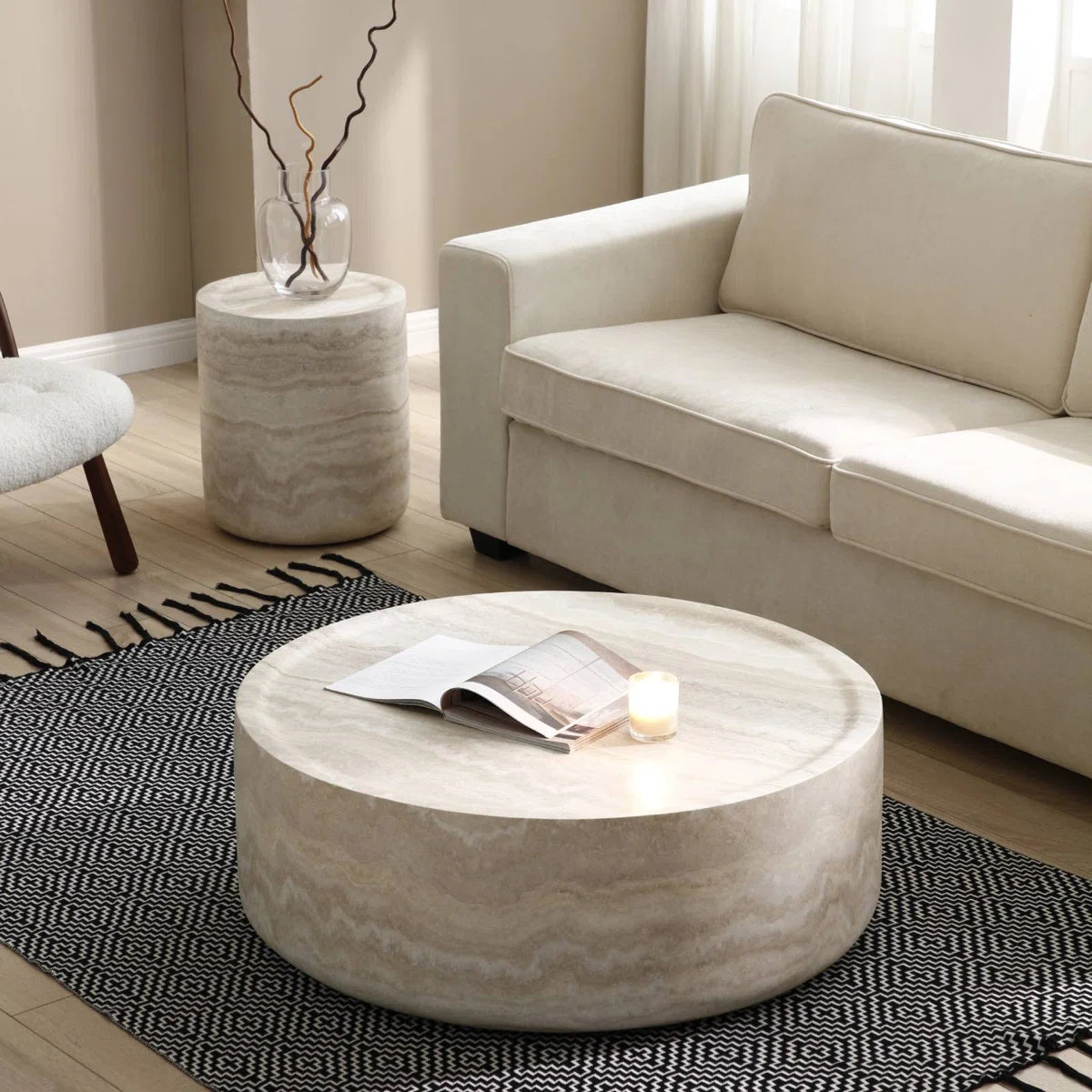 Round Coffee Table for Living Room – Drum Center Table with Laminate sheet Surface, Modern Minimalist Design