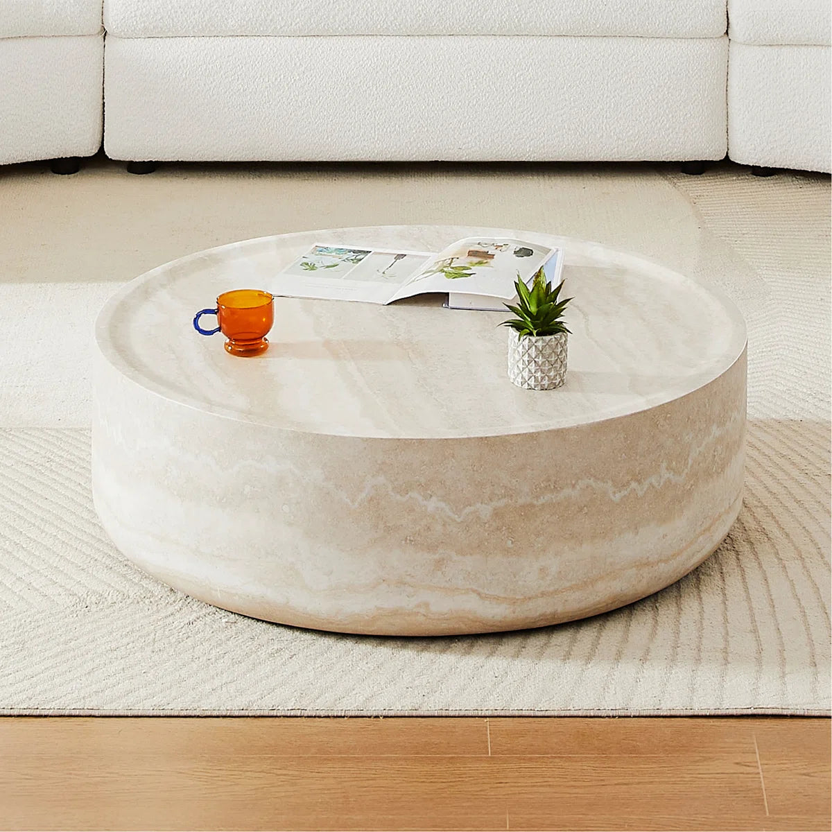 Round Coffee Table for Living Room – Drum Center Table with Laminate sheet Surface, Modern Minimalist Design