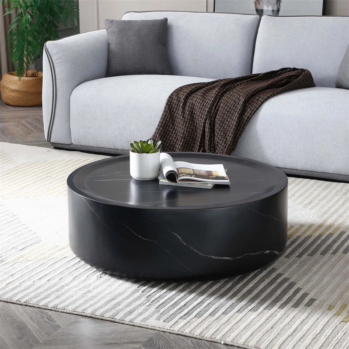 Round Coffee Table for Living Room – Drum Center Table with Laminate sheet Surface, Modern Minimalist Design
