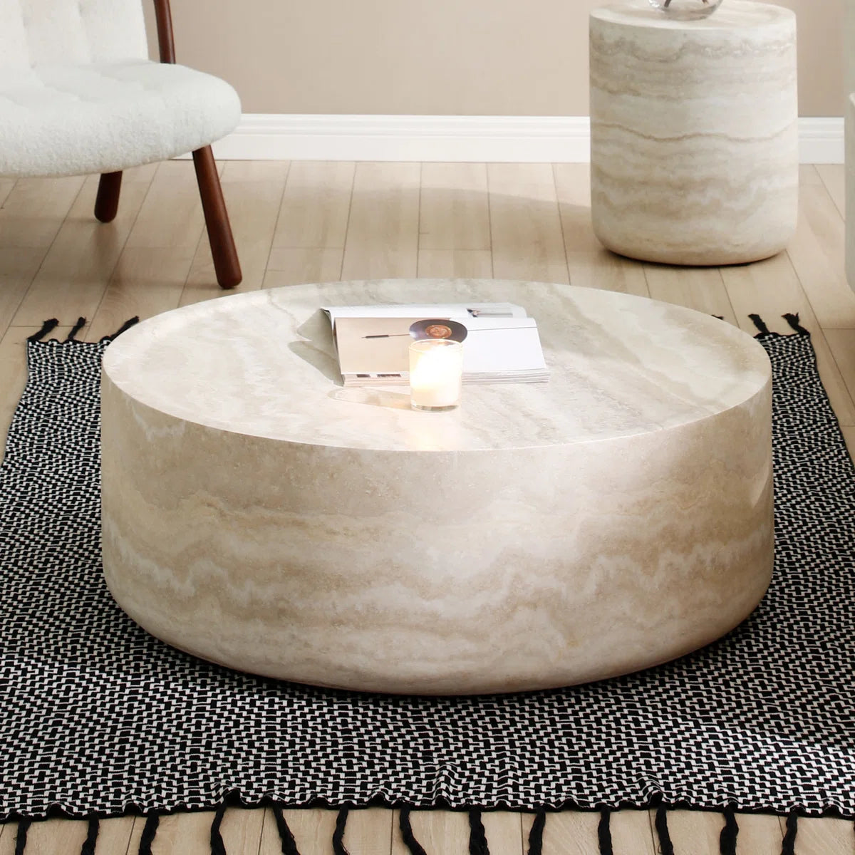 Round Coffee Table for Living Room – Drum Center Table with Laminate sheet Surface, Modern Minimalist Design