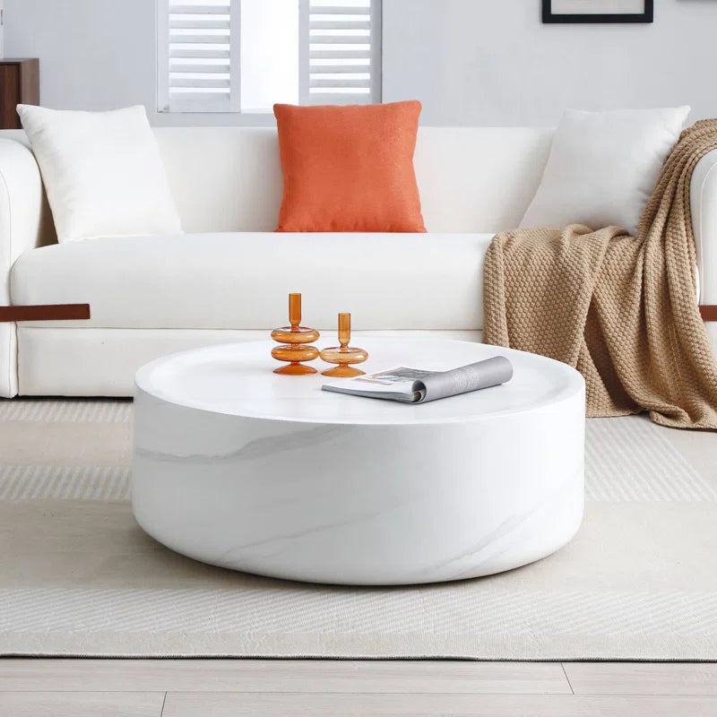 Round Coffee Table for Living Room – Drum Center Table with Laminate sheet Surface, Modern Minimalist Design