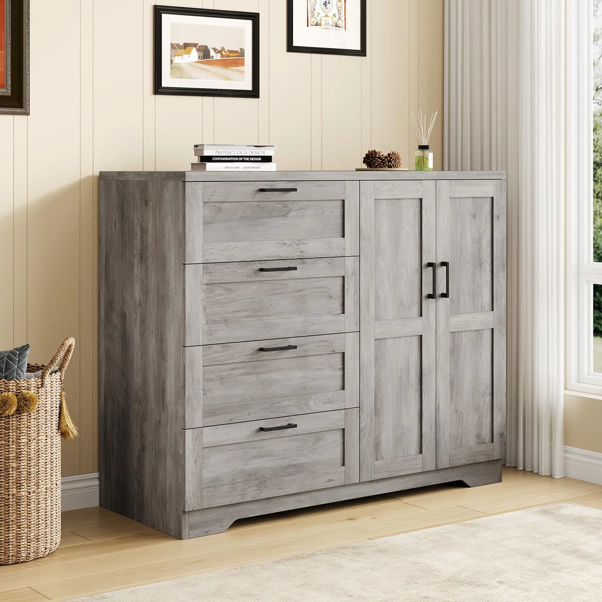 43.3" H Armoire Wardrobe Closet with 4 Drawers and 2 Doors, Hanging Rod, Multifunctional Wooden Dresser with Storage Closet, Bathroom Cabinet for Bedroom