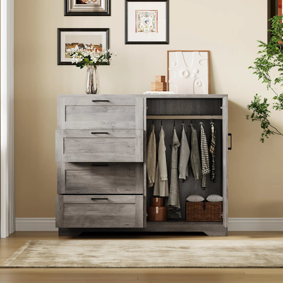 43.3" H Armoire Wardrobe Closet with 4 Drawers and 2 Doors, Hanging Rod, Multifunctional Wooden Dresser with Storage Closet, Bathroom Cabinet for Bedroom