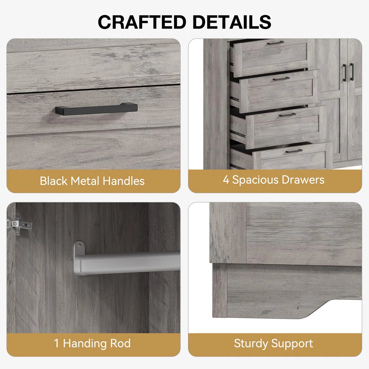 43.3" H Armoire Wardrobe Closet with 4 Drawers and 2 Doors, Hanging Rod, Multifunctional Wooden Dresser with Storage Closet, Bathroom Cabinet for Bedroom