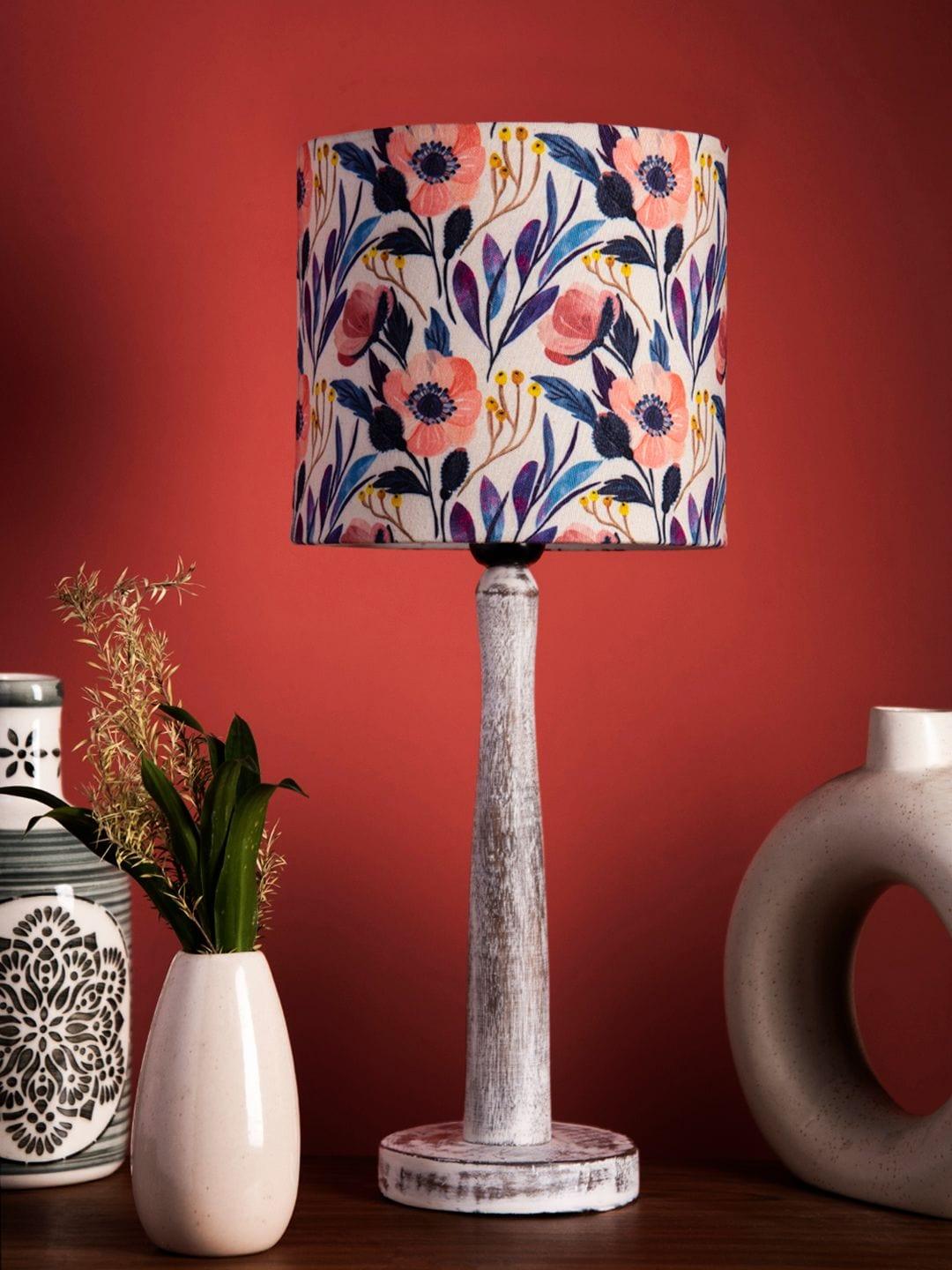 Distress White Wooden Lamp with Pink Floral Shade - Ouch Cart 