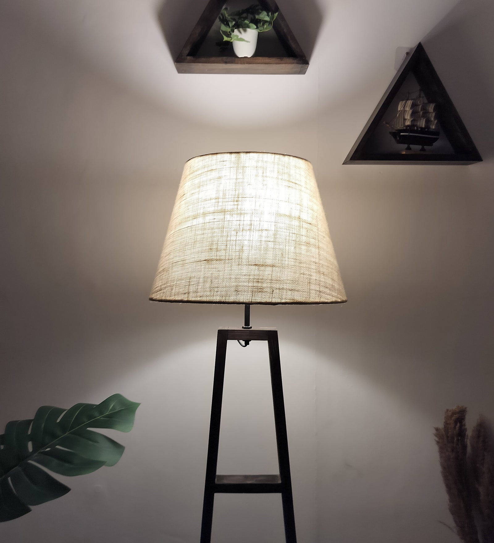 Salita Wooden Floor Lamp with Brown Base and Beige Fabric Lampshade (BULB NOT INCLUDED)