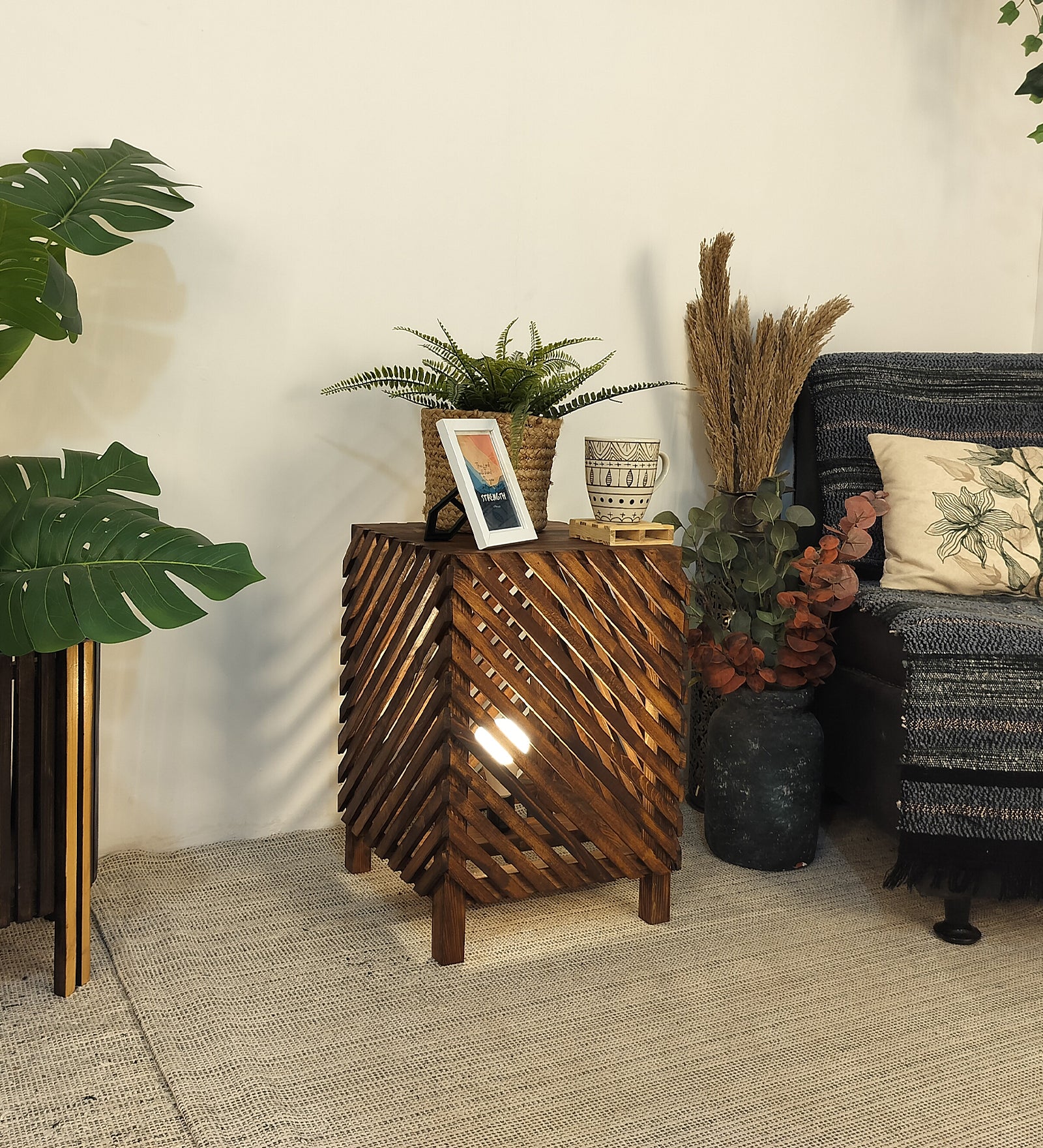 Serge Wooden Floor Lamp with Brown Base and Jute Fabric Lampshade (BULB NOT INCLUDED)