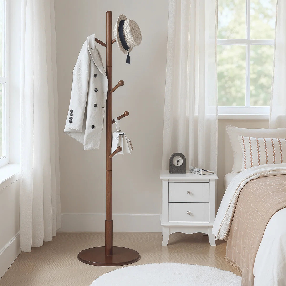 Ouch Cart Solid Wood 7-Hook Freestanding Coat Rack | Stylish Clothes & Hat Stand
