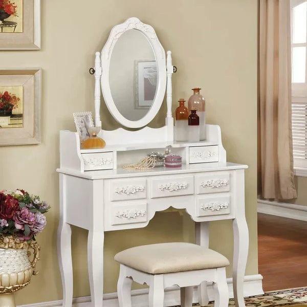 Zoey Vanity dressing table wooden with mirror with stool | Vanity Desk with Mirror | Wood Makeup Dressing Table with Oval Mirror & Stool | Modern Bedroom Dressing Table with 7 Large Drawers for Kids Women Girls - White - Ouch Cart 