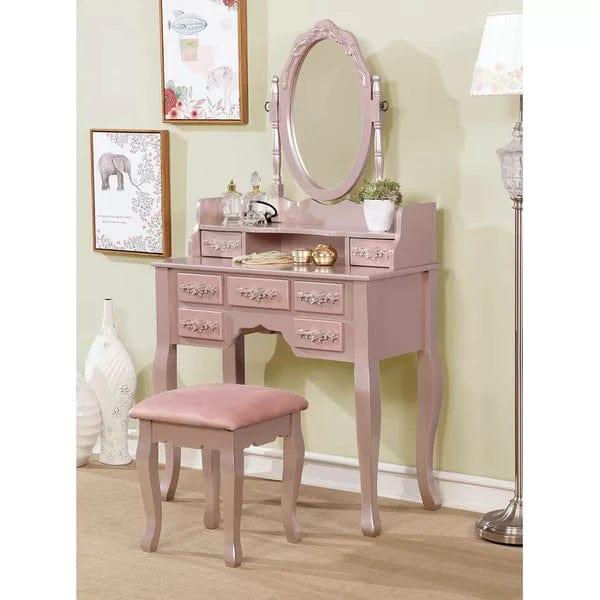 Zoey Vanity dressing table wooden with mirror with stool | Vanity Desk with Mirror | Wood Makeup Dressing Table with Oval Mirror & Stool | Modern Bedroom Dressing Table with 7 Large Drawers for Kids Women Girls - White - Ouch Cart 