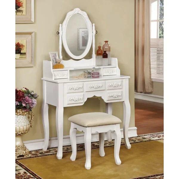 Zoey Vanity dressing table wooden with mirror with stool | Vanity Desk with Mirror | Wood Makeup Dressing Table with Oval Mirror & Stool | Modern Bedroom Dressing Table with 7 Large Drawers for Kids Women Girls - White - Ouch Cart 