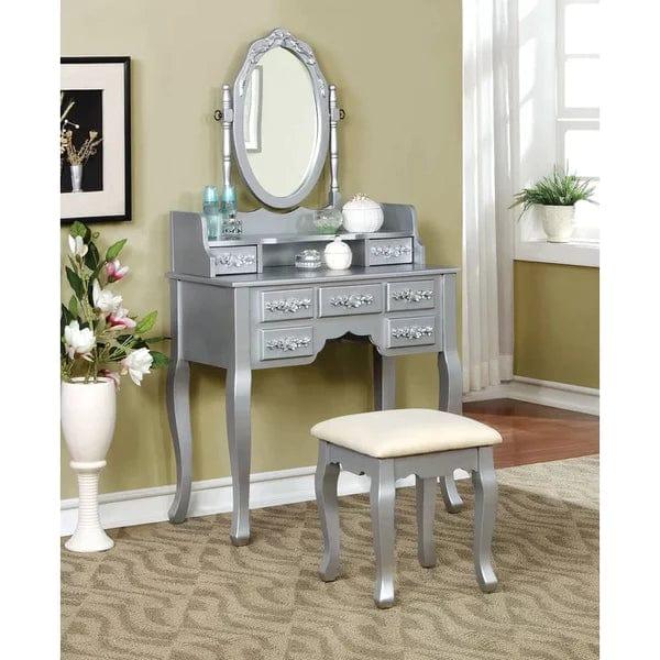 Zoey Vanity dressing table wooden with mirror with stool | Vanity Desk with Mirror | Wood Makeup Dressing Table with Oval Mirror & Stool | Modern Bedroom Dressing Table with 7 Large Drawers for Kids Women Girls - White - Ouch Cart 